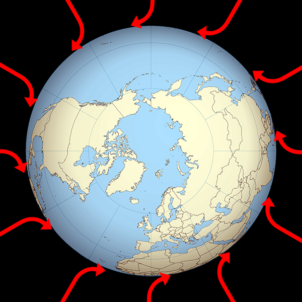 Illustration showing incoming cosmic rays deflected to the east