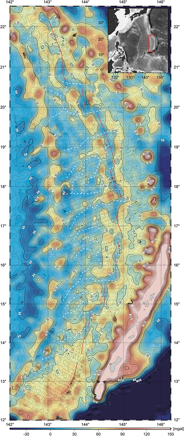 Mariana Trough gravity anomalies map
