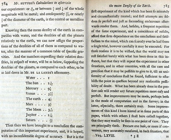 Hutton's conclusions on the structure of Earth and density of planets