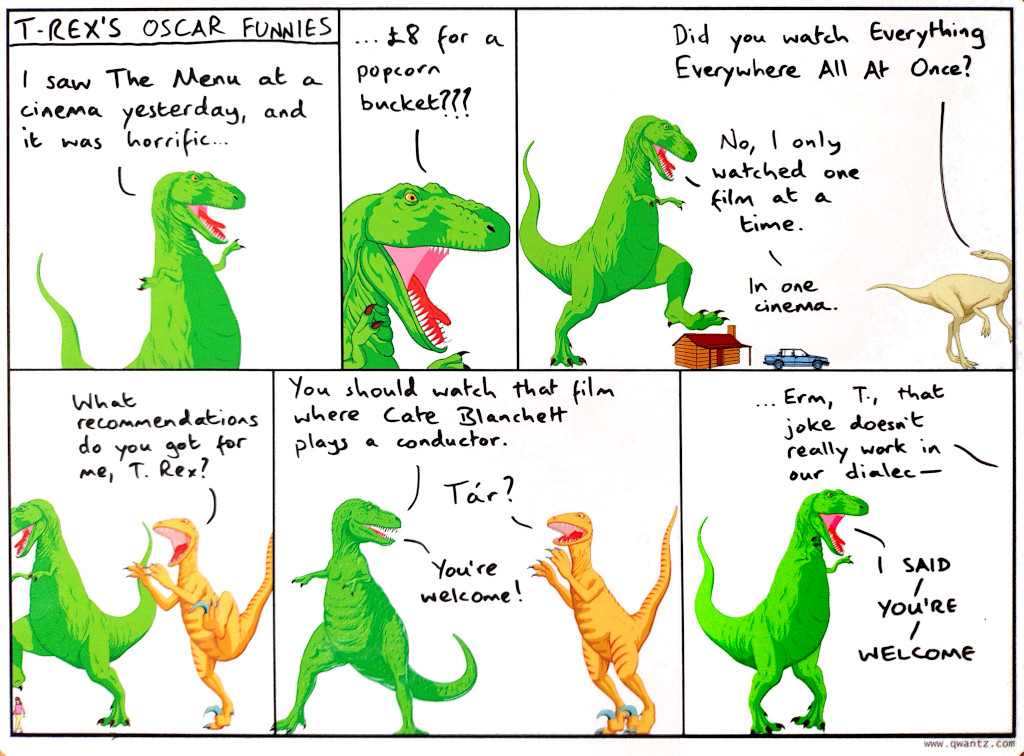 The currency isn't a continuity error, T. Rex lives on the UK/US border and visits kinos in both countries