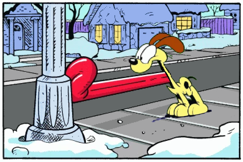 Odie's Triple-Dared Lamppost-Like Flagpole Long-Tongue Attempt